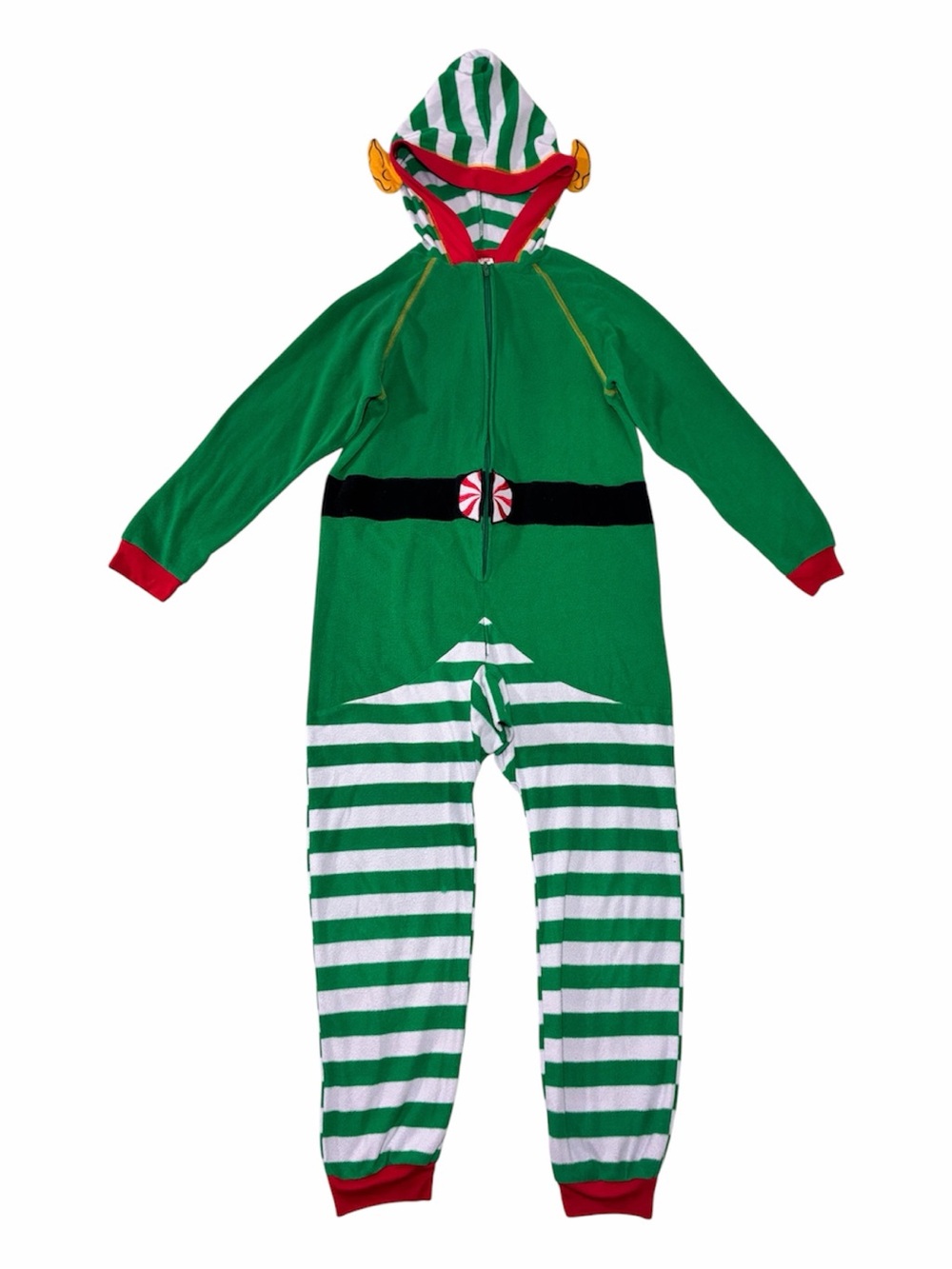 Cat & Jack Green and White Striped Elf One-Piece Pajama with Hood, size 10